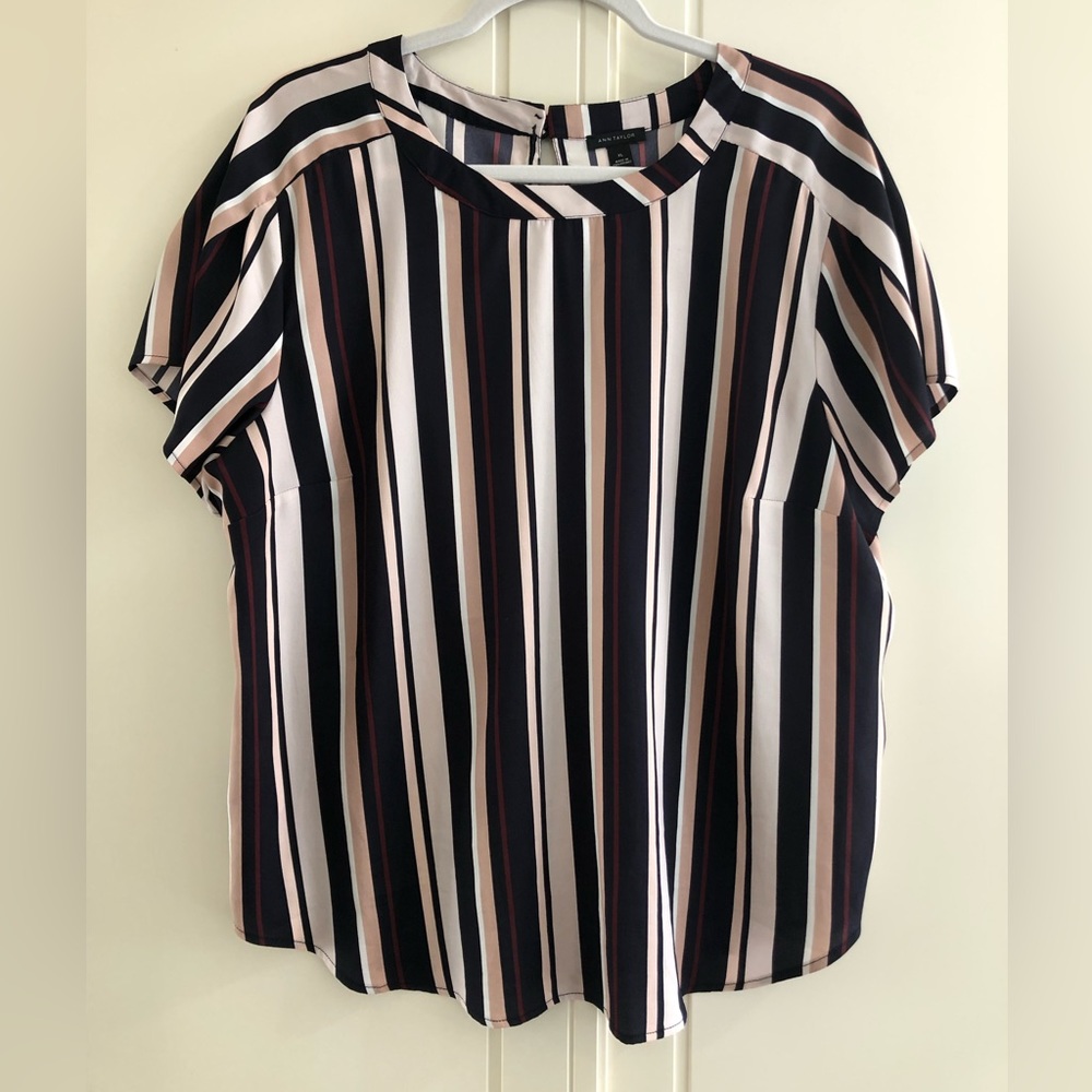 Ann Taylor Navy, White & Blush Striped Short Sleeve Blouse